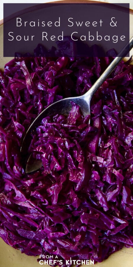 Pinterest graphic for Sweet and Sour Red Cabbage showing it in an earthenware bowl with serving spoon.