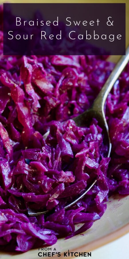 Pinterest graphic for Sweet and Sour Red Cabbage showing it in an earthenware bowl with serving spoon.