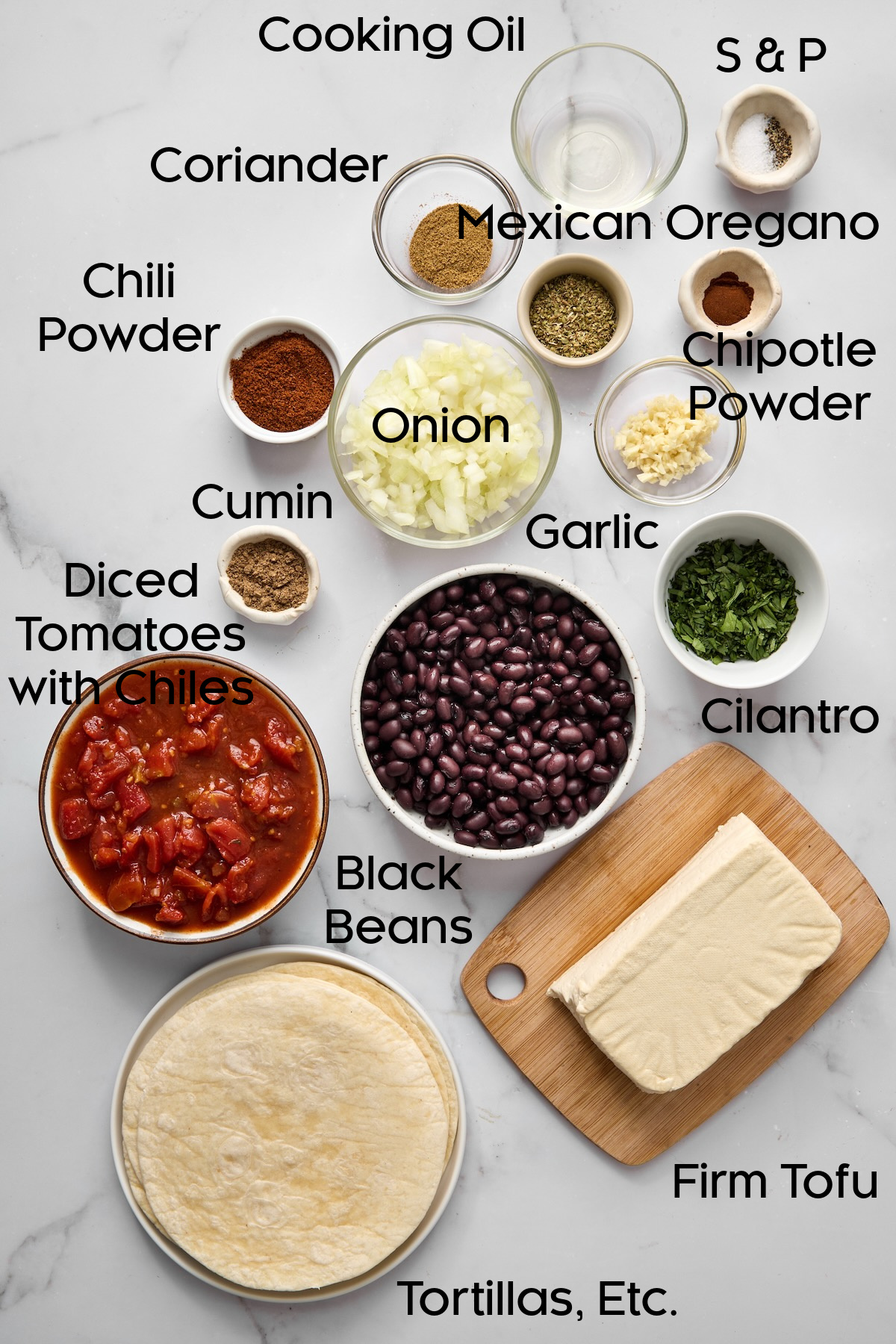 Ingredients for Tofu Black Bean Tacos in glass bowls.