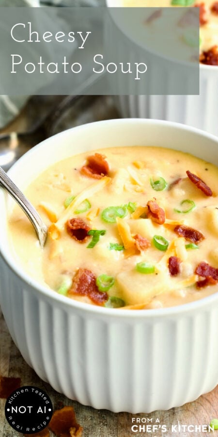 Pinterest graphic for Cheesy Potato Soup showing one serving in a white bowl.