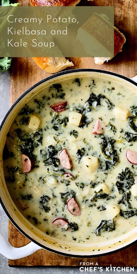 Pinterest graphic for Creamy Potato Kielbasa and Kale Soup showing it in a white Dutch oven.
