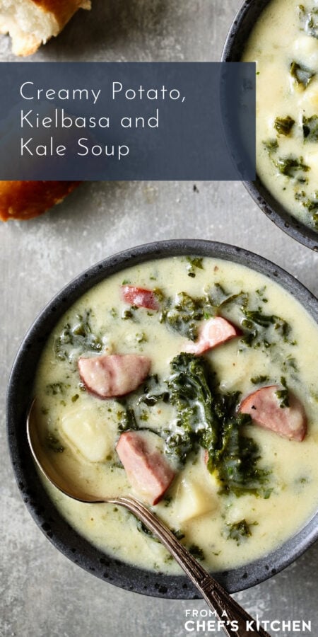 Pinterest graphic for Creamy Potato Kielbasa and Kale Soup showing one serving in a gray bowl.