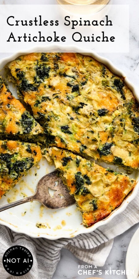Pinterest graphic for Crustless Spinach Artichoke Quiche showing it in a white quiche pan cut into wedges with pie server lifting one out.
