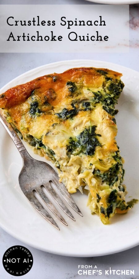 Pinterest graphic for Crustless Spinach Artichoke Quiche showing one piece on a small white plate with fork.