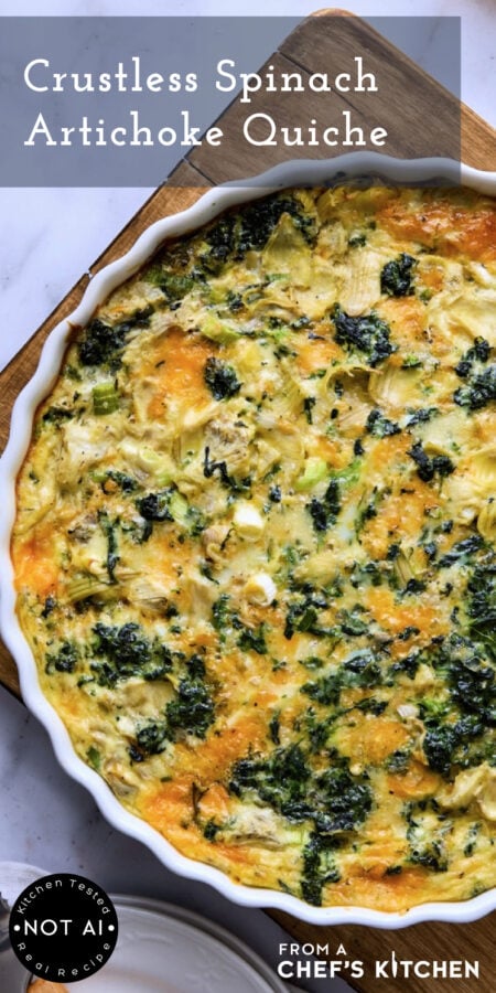 Pinterest graphic for Crustless Spinach Artichoke Quiche showing the whole quiche in a white quiche pan.