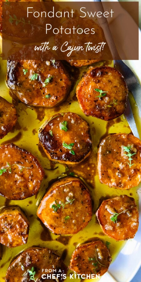 Pinterest graphic for Fondant Sweet Potatoes showing them on a white oval platter garnished with fresh thyme leaves.