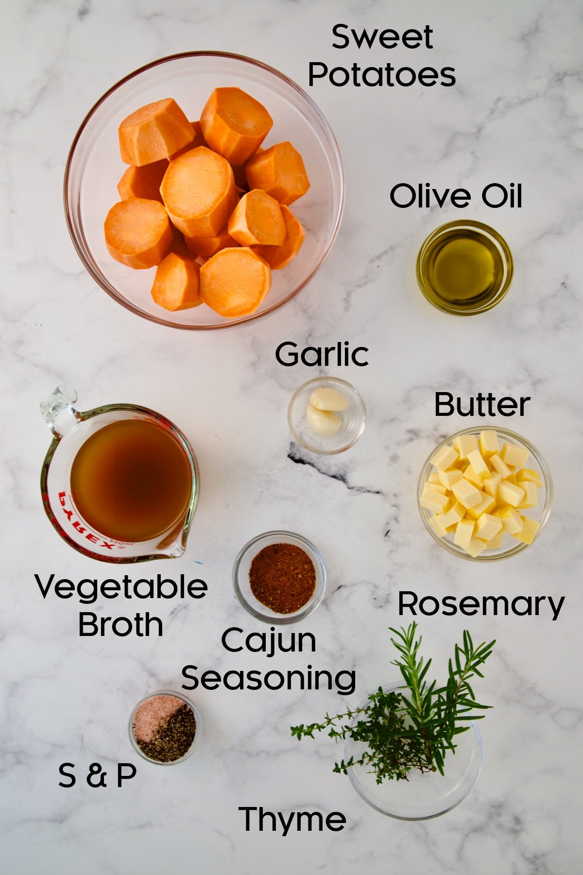 Ingredients for Fondant Sweet Potatoes in glass bowls.
