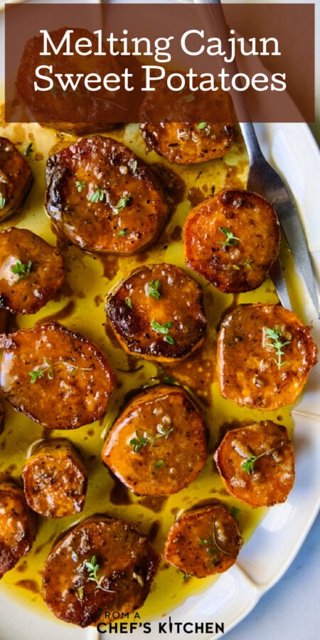 Pinterest graphic for Fondant Sweet Potatoes showing them on a white oval platter garnished with fresh thyme leaves.