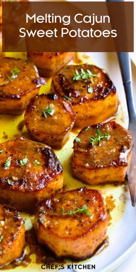 Pinterest graphic for Fondant Sweet Potatoes showing them on a white oval platter garnished with fresh thyme leaves.