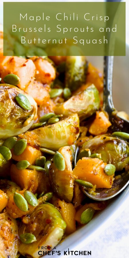 Pinterest graphic for Maple Chili Crips Brussels Sprouts Butternut Squash showing it in a white serving bowl with serving spoon.
