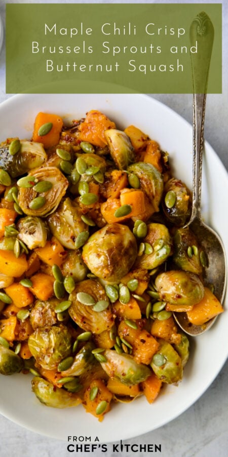 Pinterest graphic for Maple Chili Crips Brussels Sprouts Butternut Squash showing it in a white serving bowl with serving spoon.