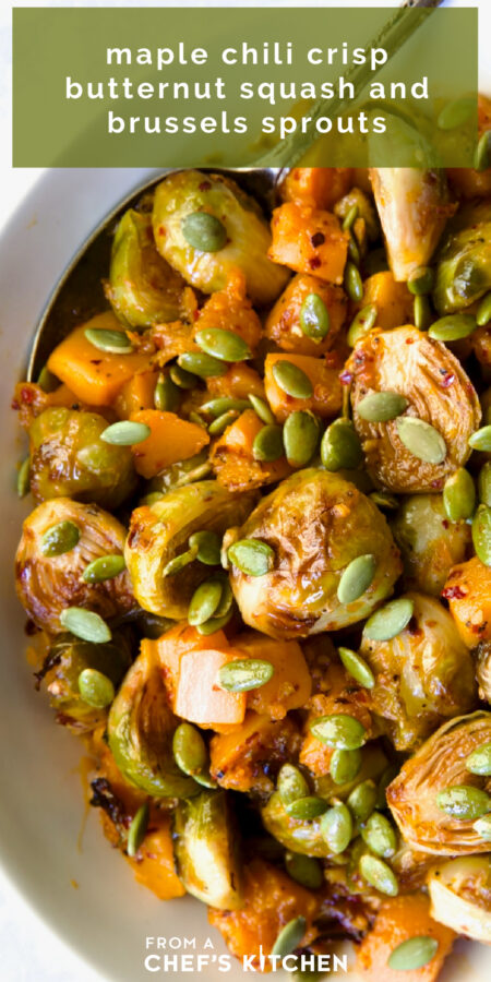 Pinterest graphic for Maple Chili Crips Brussels Sprouts Butternut Squash showing it in a white serving bowl with serving spoon.