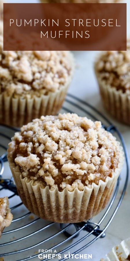 Pinterest graphic for Pumpkin Streusel Muffins showing one on round wire cooling rack.