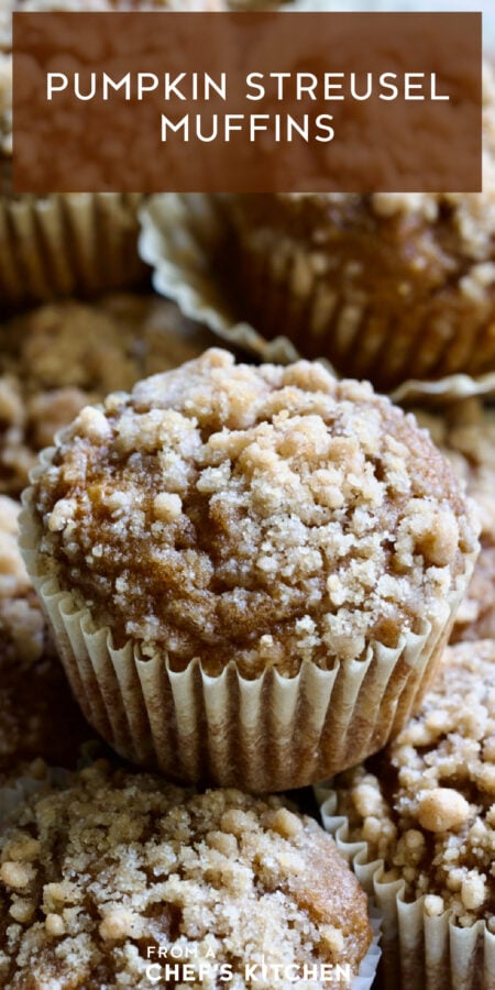 Pinterest graphic for Pumpkin Streusel Muffins showing them stacked.