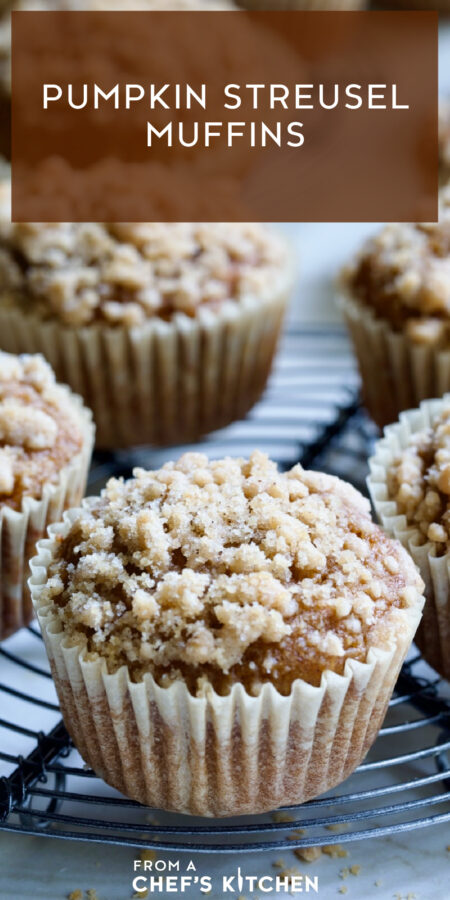 Pinterest graphic for Pumpkin Streusel Muffins showing one on a round wire cooling rack.