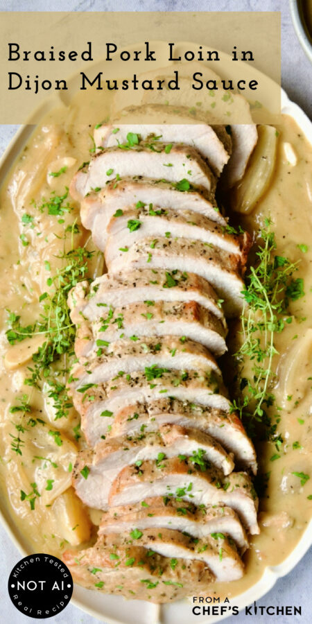 Pinterest graphic for Braised Pork Loin in Dijon Mustard Sauce showing it on an oval scalloped platter garnished with fresh thyme.