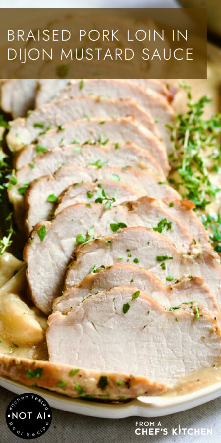 Pinterest graphic for Braised Pork Loin in Dijon Mustard Sauce showing it on an oval scalloped platter garnished with fresh thyme.