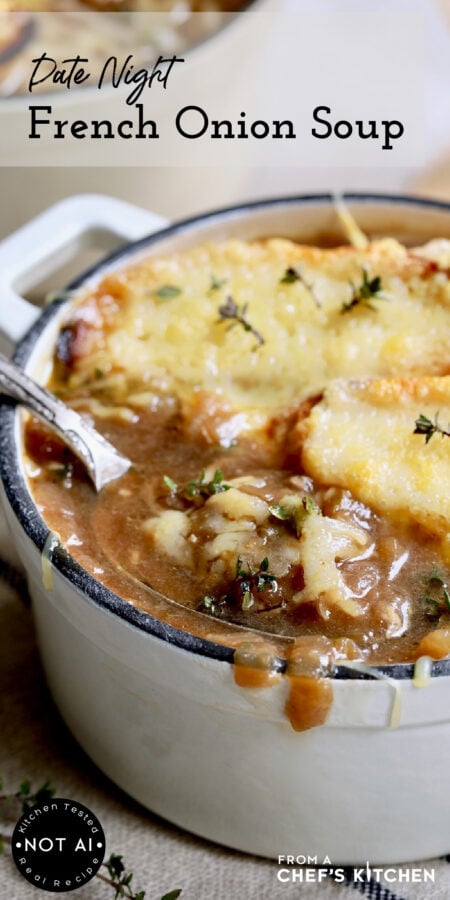 Pinterest graphic for French Onion Soup showing it in a mini white enamel cast iron pot.