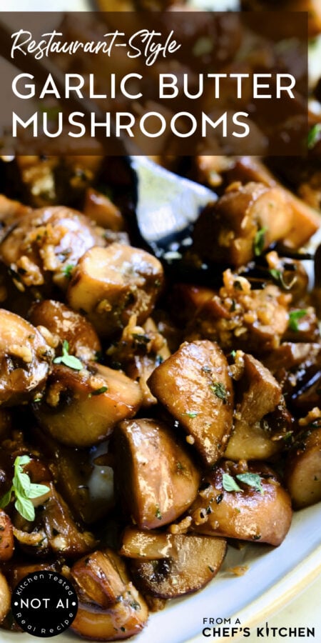 Pinterest graphic for Garlic Butter Mushrooms showing them on a white plate with black spoon.