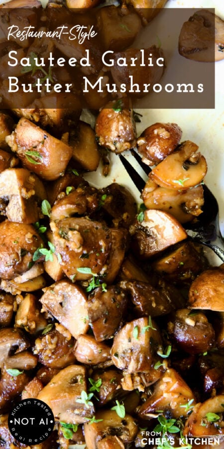 Pinterest graphic for Garlic Butter Mushrooms showing them on a white plate with black spoon.