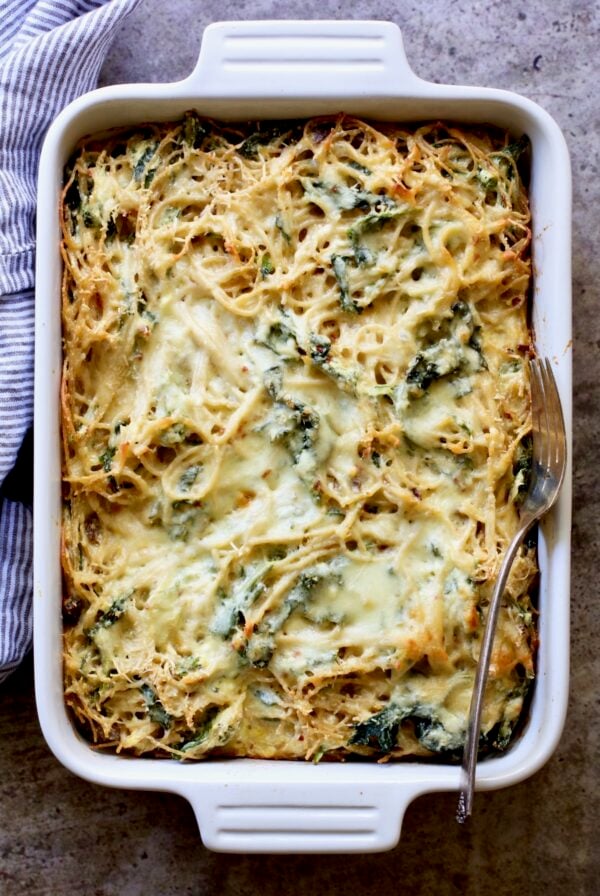 Pasta Frittata in a rectangular white baking dish.