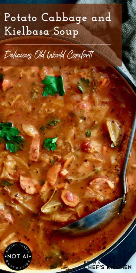 Pinterest graphic for Potato Cabbage Kielbasa Soup shopwing it in a Dutch oven with soup ladle.