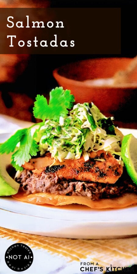 Pinterest graphic for Salmon Tostadas showing them on a white plate.