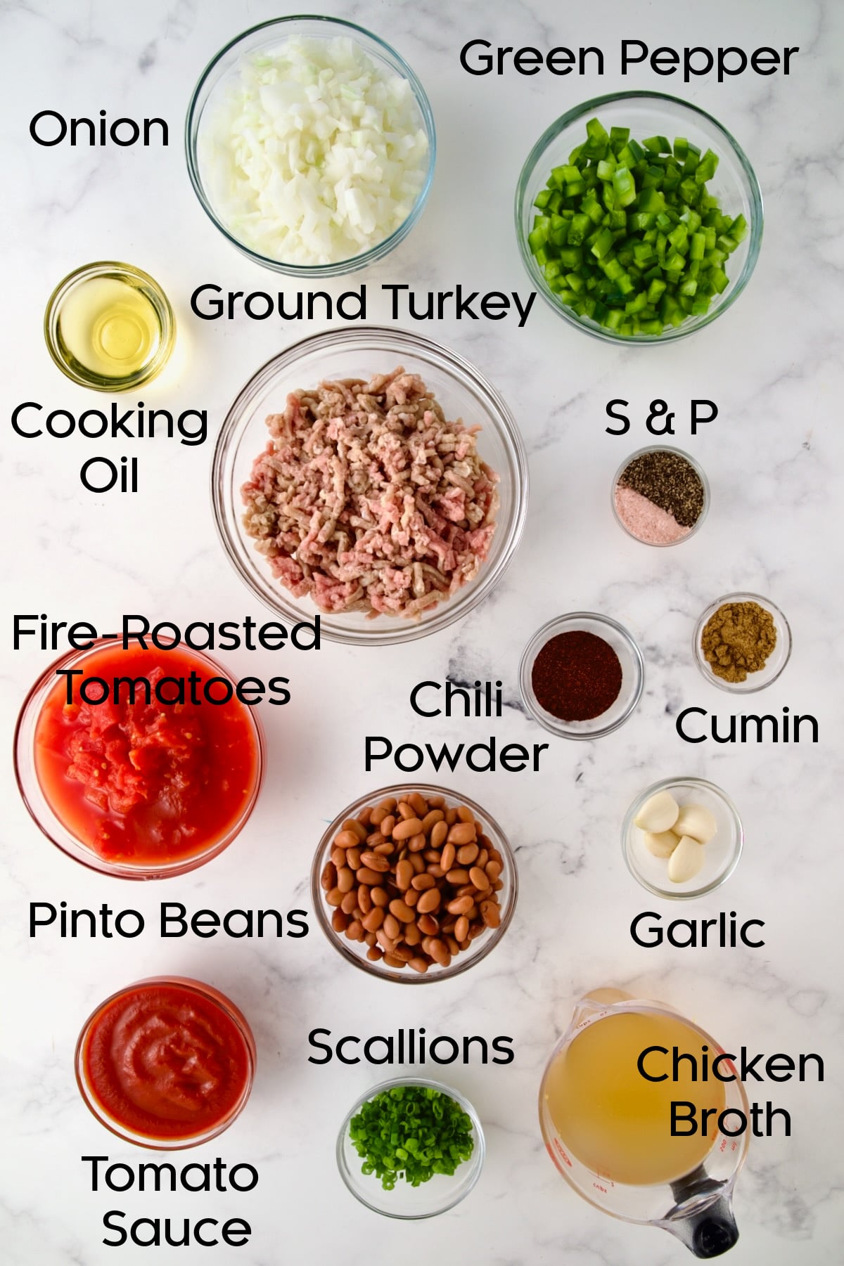 Ingredients for Turkey Skillet Chili in glass bowls.