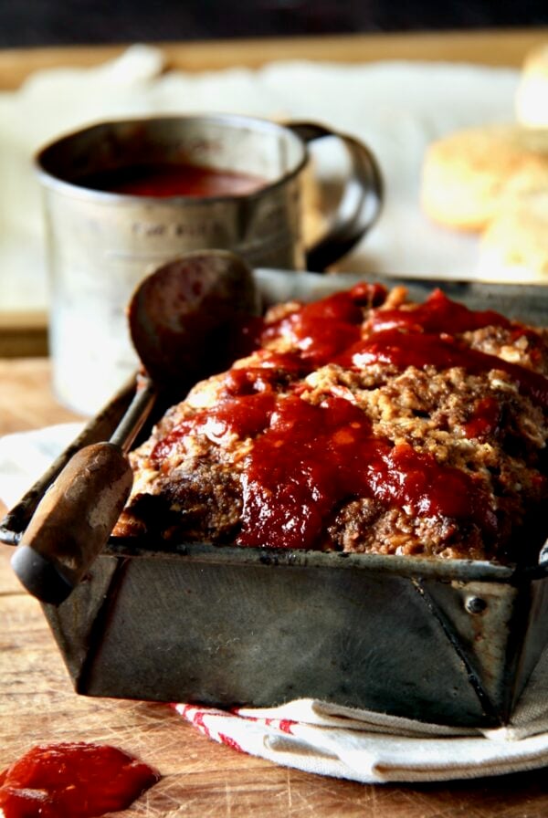 Chili-Glazed Meatloaf in vintage loaf pan.