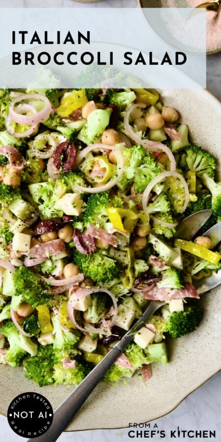 Pinterest graphic for Italian Broccoli Salad showing it in an earthenware bowl with serving fork.