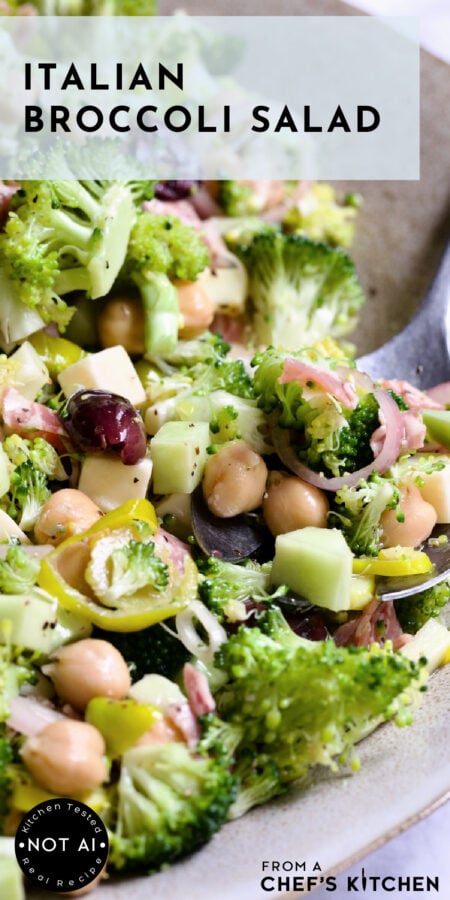 Pinterest graphic for Italian Broccoli Salad showing it in an earthenware bowl with serving fork.
