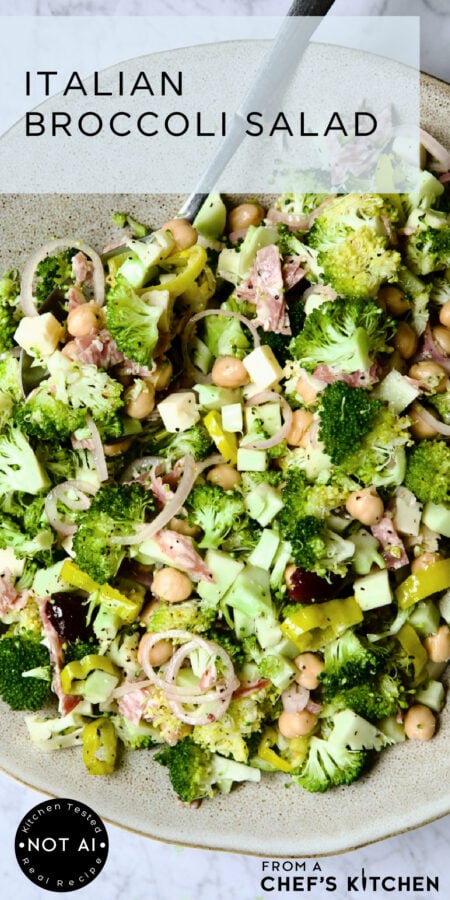 Pinterest graphic for Italian Broccoli Salad showing it in an earthenware bowl with serving fork.