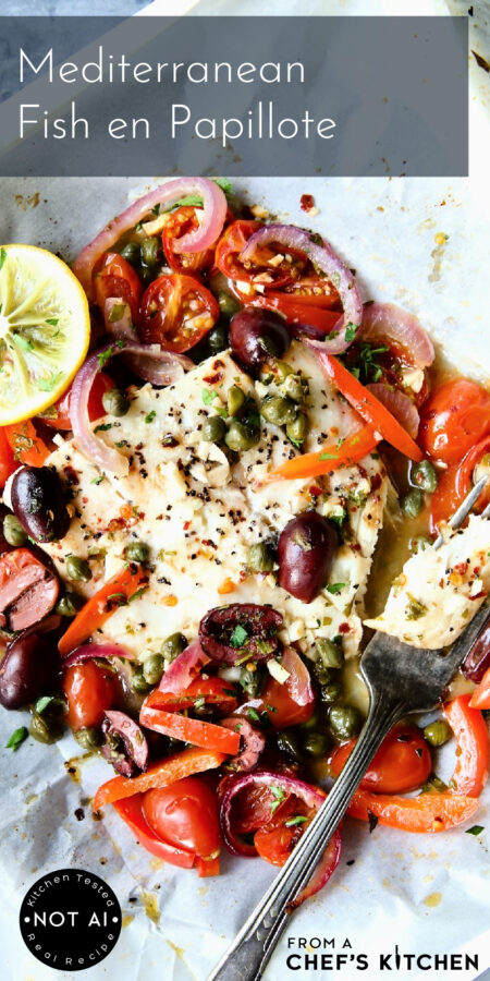 Pinterest graphic for Mediterranean Fish en Papillote.