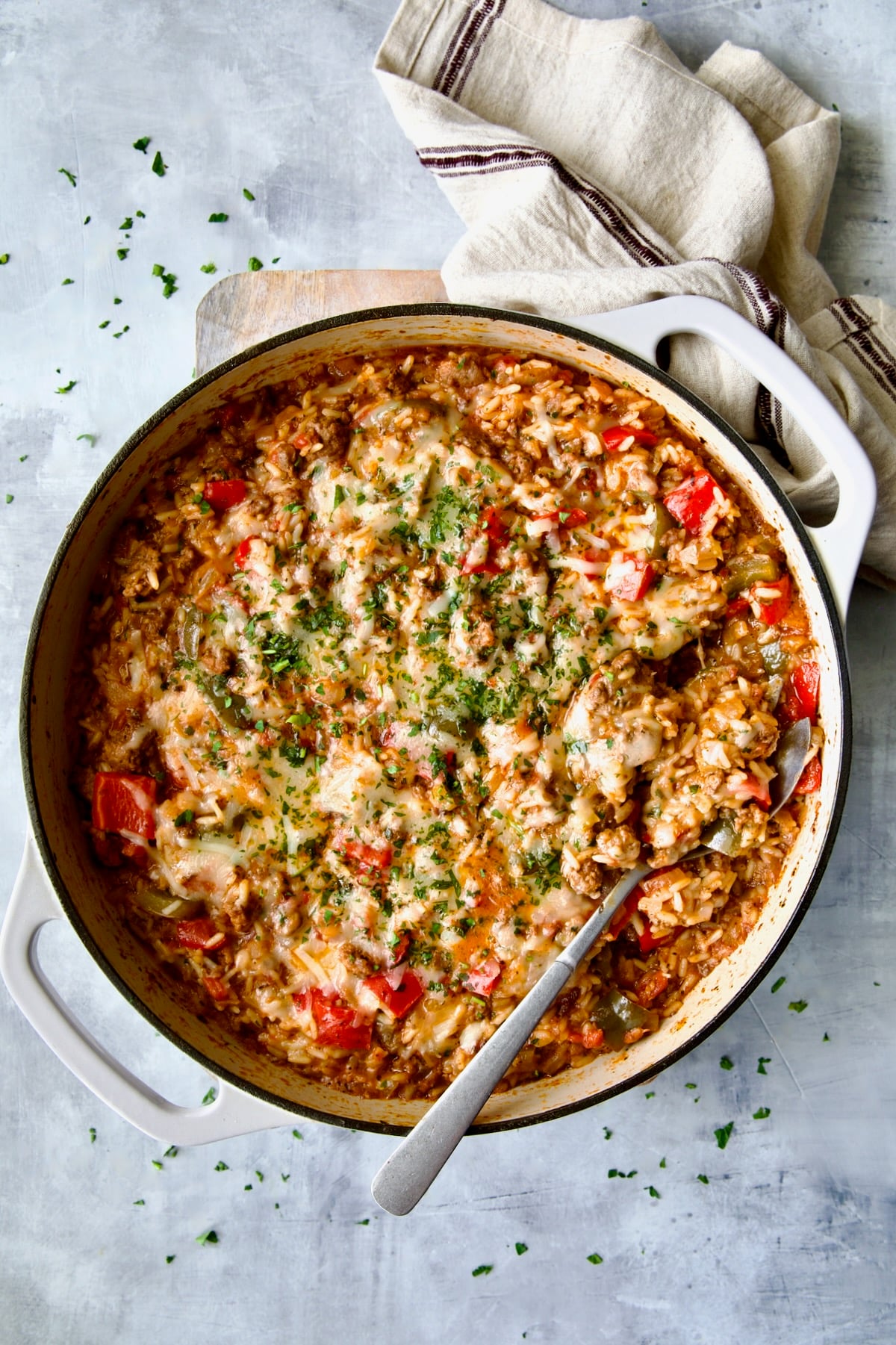 Unstuffed Peppers Skillet in white enamel cast iron skillet.