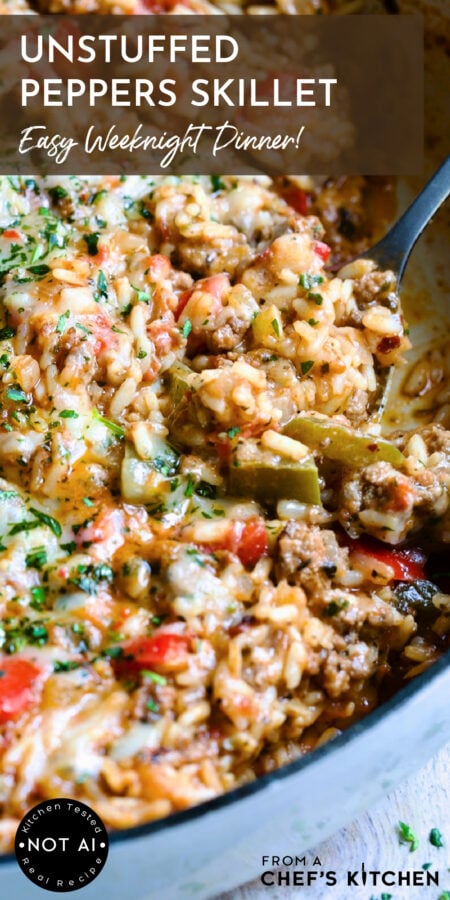 Pinterest graphic for Unstuffed Peppers Skillet showing it in a white enamel cast iron skillet with serving spoon.