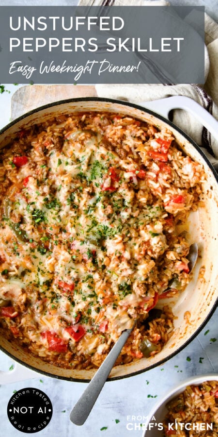 Pinterest graphic for Unstuffed Peppers Skillet showing it in a white enamel cast iron skillet with serving spoon.