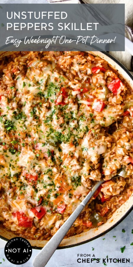 Pinterest graphic for Unstuffed Peppers Skillet showing it in a white enamel cast iron skillet with serving spoon.