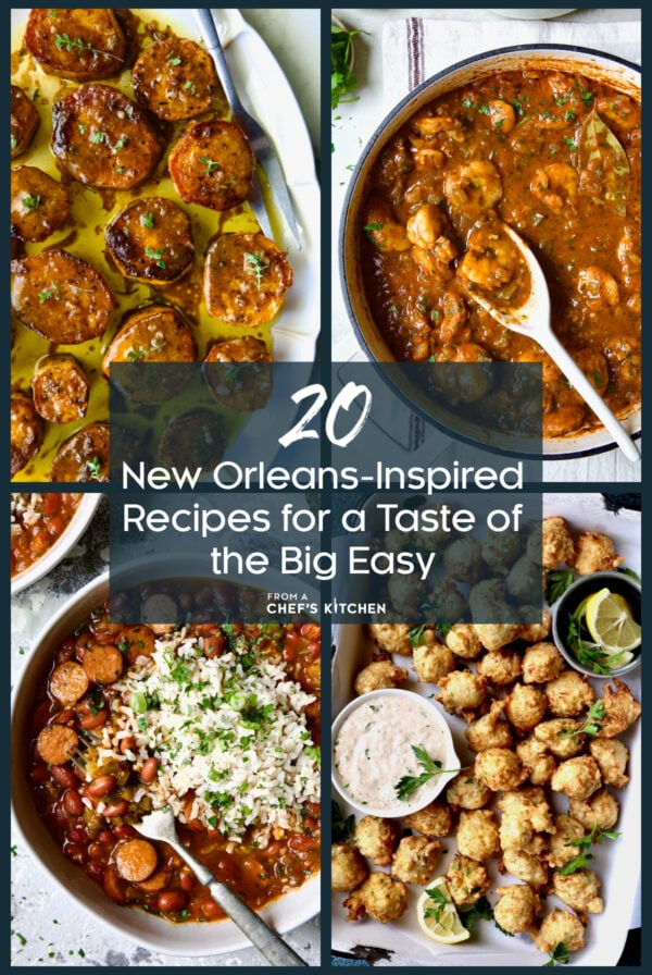 Graphic for 20 New Orleans Inspired Recipes for a Taste of the Big Easy showing four photos: Fondant Sweet Potatoes, Shrimp Creole, Red Beans and Rice and Crab and Artichoke Beignets.