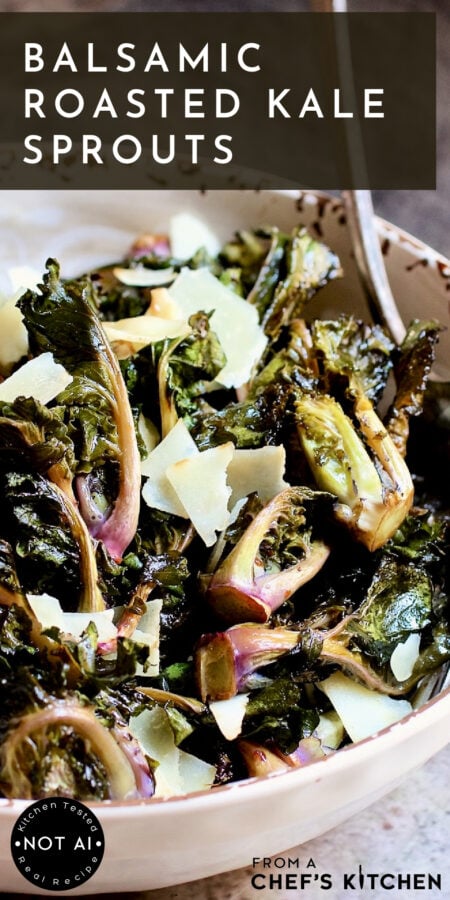 Pinterest graphic for Balsamic Roasted Kale Sprouts showing them in a white serving bowl.