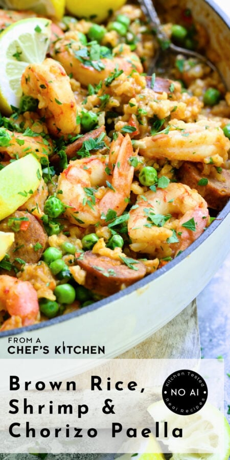 Pinterest graphic for Brown Rice, Shrimp and Chorizo Paella.