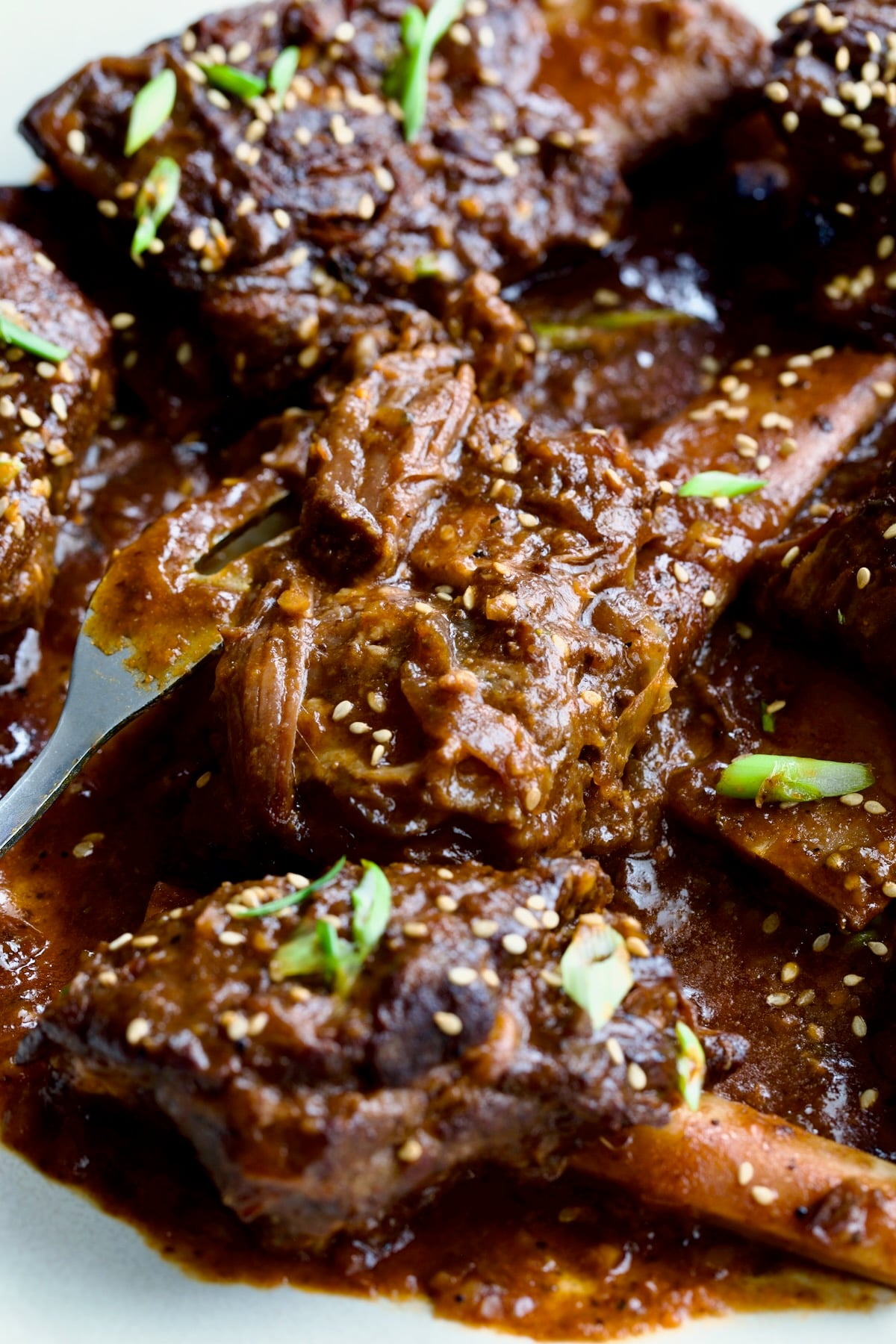 Close-up of Korean Braised Beef Short Ribs with meat fork shredding one of the ribs.