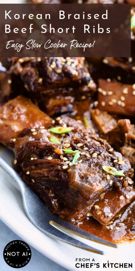 Pinterest graphic for Korean Braised Beef Short ribs showing them on a white platter with meat fork.