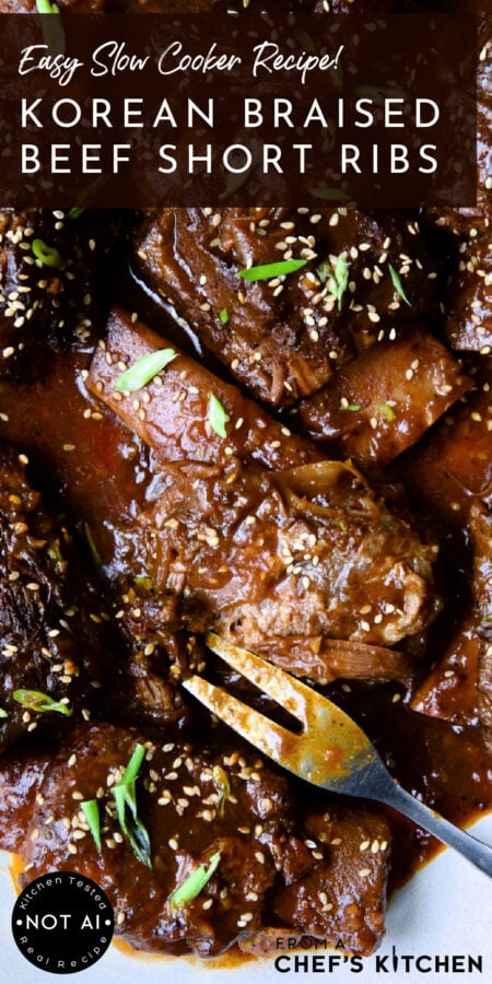 Pinterest graphic for Korean Braised Beef Short ribs showing them on a white platter with meat fork.
