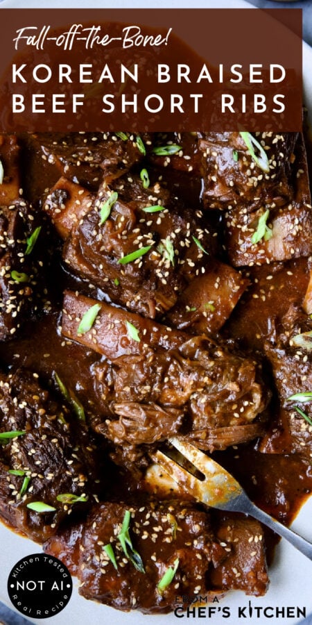 Pinterest graphic for Korean Braised Beef Short ribs showing them on a white platter with meat fork.