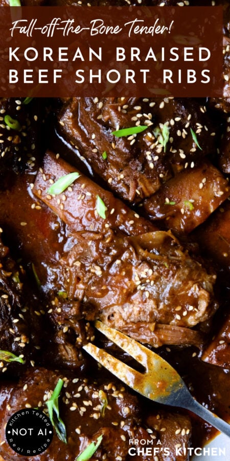 Pinterest graphic for Korean Braised Beef Short ribs showing them with meat fork.