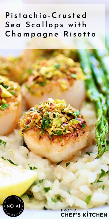 Pinterest graphic for Pistachio-Crusted Sea Scallops with Champagne Risotto.