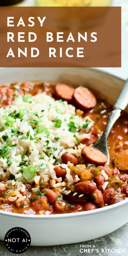 Pinterest graphic for Easy Red Beans and Rice showing it in a white bowl with fork scooping some up.
