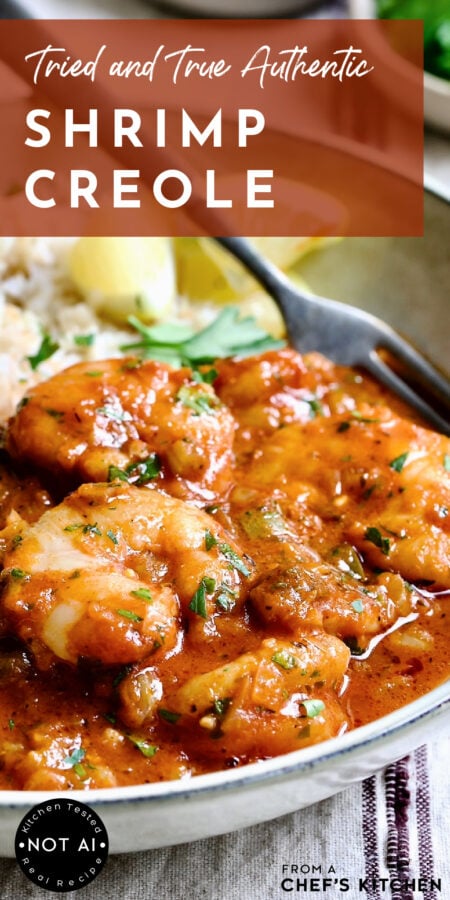 Pinterest graphic for Shrimp Creole showing it in a dinner bowl with rice.