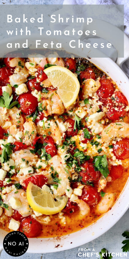 Pinterest graphic for Baked Shrimp with Tomatoes and Feta Cheese showing it in a round white baking dish garnished with parsley and lemon slices.