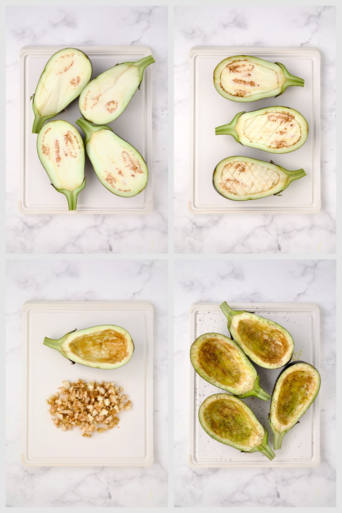 Collage of four steps for hollowing out eggplant halves.